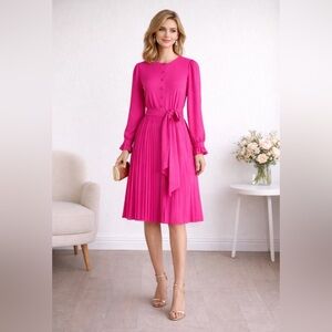 J.Crew Pleated Midi Dress Hot Pink Tie Waist Long Sleeve Button Front Size 4